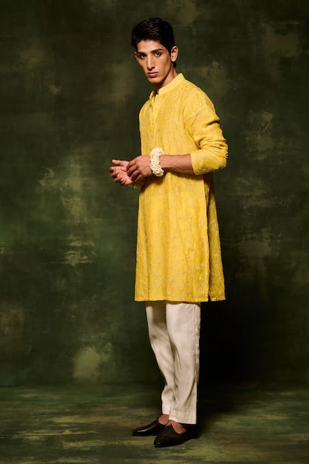 Shop_Nafs_Yellow Chanderi, Cotton, Maheshwari Zari Hand Embroidered Kurta And Pant Set _Online_at_Aza_Fashions