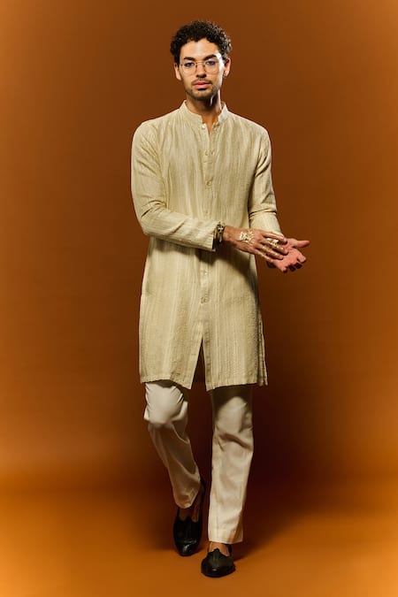 NAFS Ivory Kurta And Pant Chanderi Hand Embroidered Zari Open Style With 