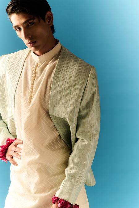 Nafs_Ivory Chanderi, Cotton Zari Hand Embroidered Kurta Set And Nehru Jacket_Online_at_Aza_Fashions