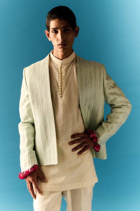 Shop_Nafs_Ivory Chanderi, Cotton Zari Hand Embroidered Kurta Set And Nehru Jacket_Online_at_Aza_Fashions