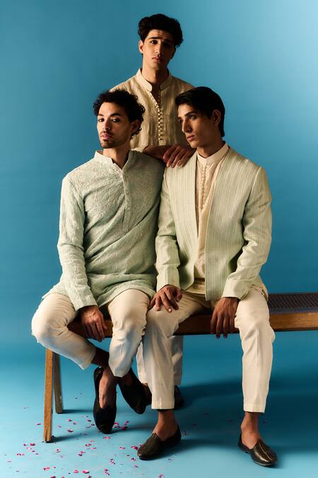 Nafs_Ivory Chanderi, Cotton Zari Hand Embroidered Kurta Set And Nehru Jacket_at_Aza_Fashions