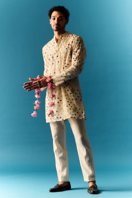 Nafs Ivory Chanderi, Cotton Embroidery Thread Hand Kurta And Pant Set Online at Aza Fashions Nafs_Ivory Chanderi, Cotton Embroidery Thread Hand Kurta And Pant Set _Online_at_Aza_Fashions