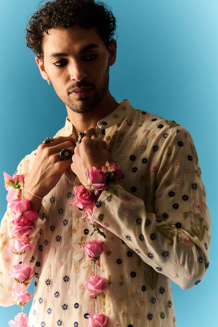 Buy Nafs Ivory Chanderi, Cotton Embroidery Thread Hand Kurta And Pant Set Online at Aza Fashions Buy_Nafs_Ivory Chanderi, Cotton Embroidery Thread Hand Kurta And Pant Set _Online_at_Aza_Fashions