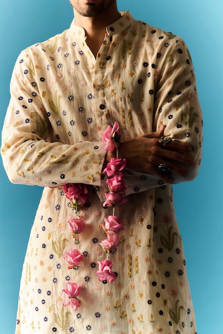 Shop Nafs Ivory Chanderi, Cotton Embroidery Thread Hand Kurta And Pant Set Online at Aza Fashions Shop_Nafs_Ivory Chanderi, Cotton Embroidery Thread Hand Kurta And Pant Set _Online_at_Aza_Fashions
