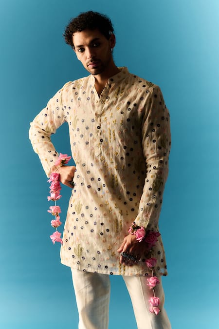 Nafs Ivory Chanderi, Cotton Embroidery Thread Hand Kurta And Pant Set at Aza Fashions Nafs_Ivory Chanderi, Cotton Embroidery Thread Hand Kurta And Pant Set _at_Aza_Fashions