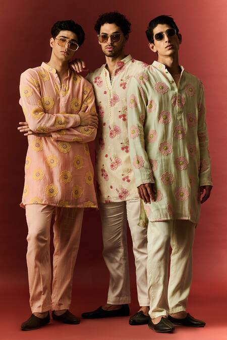 Shop_Nafs_Pink Chanderi, Cotton Embroidery Thread Hand Kurta With Pant _Online_at_Aza_Fashions