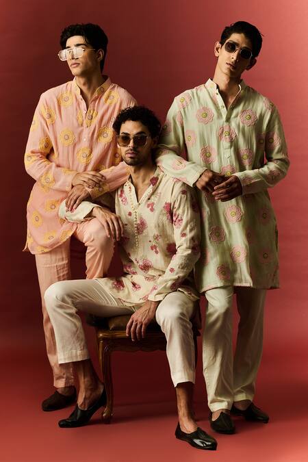 Nafs_Pink Chanderi, Cotton Embroidery Thread Hand Kurta With Pant _at_Aza_Fashions