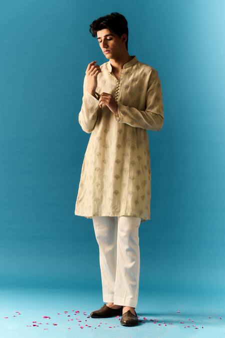 Nafs Grey Chanderi, Cotton Embroidery Zari Hand Kurta With Pant Online at Aza Fashions Nafs_Grey Chanderi, Cotton Embroidery Zari Hand Kurta With Pant _Online_at_Aza_Fashions