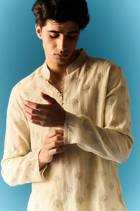 Shop Nafs Grey Chanderi, Cotton Embroidery Zari Hand Kurta With Pant Online at Aza Fashions Shop_Nafs_Grey Chanderi, Cotton Embroidery Zari Hand Kurta With Pant _Online_at_Aza_Fashions