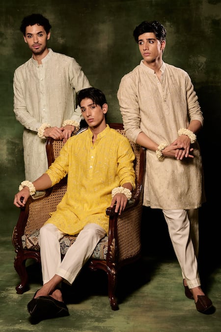 Nafs_Grey Chanderi, Cotton Embroidery Zari And Tikki Hand Kurta With Pant _Online_at_Aza_Fashions