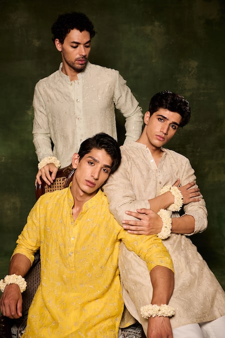 Buy_Nafs_Grey Chanderi, Cotton Embroidery Zari And Tikki Hand Kurta With Pant _Online_at_Aza_Fashions