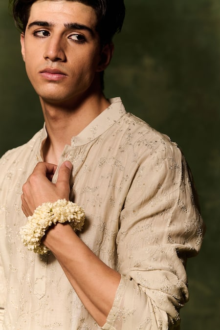 Shop_Nafs_Grey Chanderi, Cotton Embroidery Zari And Tikki Hand Kurta With Pant _Online_at_Aza_Fashions