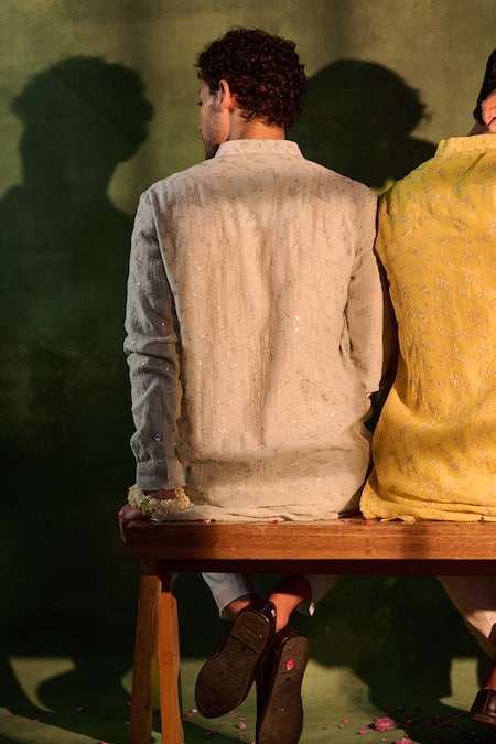 Buy_Nafs_Grey Chanderi, Cotton Embroidery Zari And Tikki Hand Kurta With Pant 