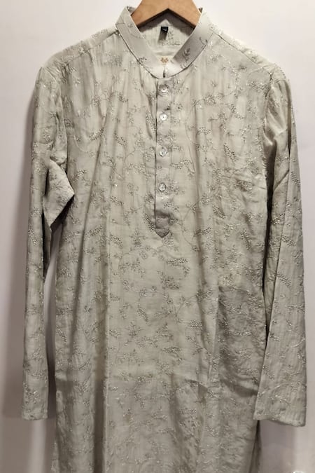 Shop_Nafs_Grey Chanderi, Cotton Embroidery Zari And Tikki Hand Kurta With Pant 