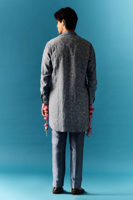 Shop Nafs Blue Chanderi, Cotton Embroidery Tikki And Zari Hand Kurta With Pant at Aza Fashions Shop_Nafs_Blue Chanderi, Cotton Embroidery Tikki And Zari Hand Kurta With Pant _at_Aza_Fashions