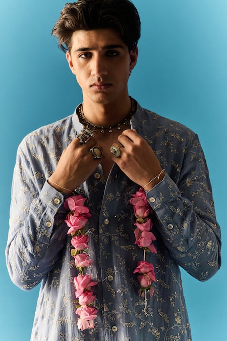 Buy Nafs Blue Chanderi, Cotton Embroidery Tikki And Zari Hand Kurta With Pant Online at Aza Fashions Buy_Nafs_Blue Chanderi, Cotton Embroidery Tikki And Zari Hand Kurta With Pant _Online_at_Aza_Fashions