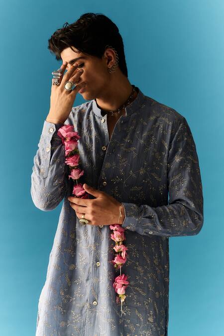 Shop Nafs Blue Chanderi, Cotton Embroidery Tikki And Zari Hand Kurta With Pant Online at Aza Fashions Shop_Nafs_Blue Chanderi, Cotton Embroidery Tikki And Zari Hand Kurta With Pant _Online_at_Aza_Fashions