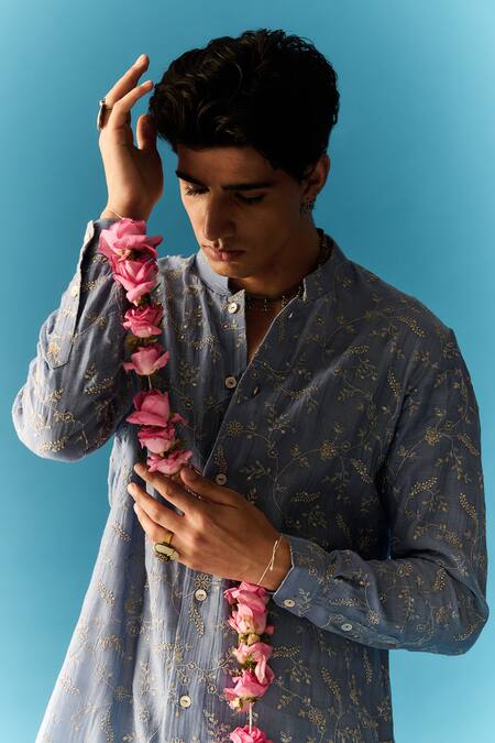 Nafs Blue Chanderi, Cotton Embroidery Tikki And Zari Hand Kurta With Pant at Aza Fashions Nafs_Blue Chanderi, Cotton Embroidery Tikki And Zari Hand Kurta With Pant _at_Aza_Fashions