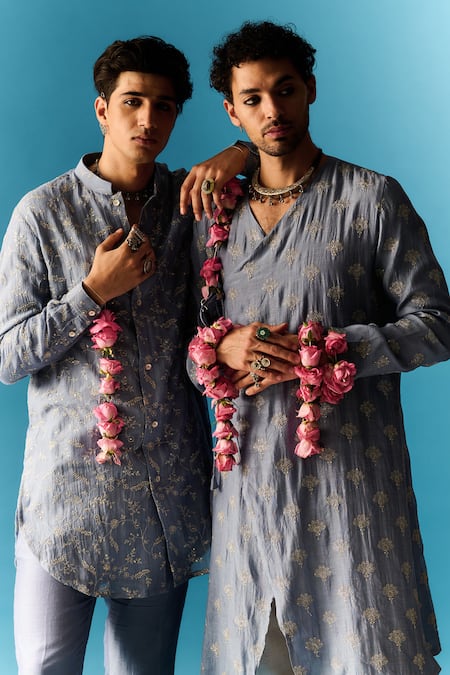 Buy Nafs Blue Chanderi, Cotton Embroidery Tikki And Zari Hand Kurta With Pant Buy_Nafs_Blue Chanderi, Cotton Embroidery Tikki And Zari Hand Kurta With Pant