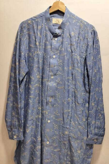 Shop Nafs Blue Chanderi, Cotton Embroidery Tikki And Zari Hand Kurta With Pant Shop_Nafs_Blue Chanderi, Cotton Embroidery Tikki And Zari Hand Kurta With Pant