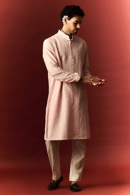 Shop Nafs Pink Chanderi, Cotton Embroidery Lucknowi Chikankari Hand Kurta With Pant at Aza Fashions Shop_Nafs_Pink Chanderi, Cotton Embroidery Lucknowi Chikankari Hand Kurta With Pant _at_Aza_Fashions