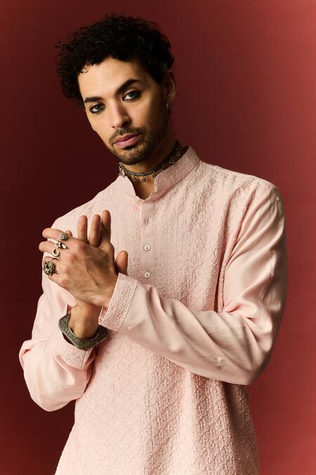 Buy Nafs Pink Chanderi, Cotton Embroidery Lucknowi Chikankari Hand Kurta With Pant Online at Aza Fashions Buy_Nafs_Pink Chanderi, Cotton Embroidery Lucknowi Chikankari Hand Kurta With Pant _Online_at_Aza_Fashions