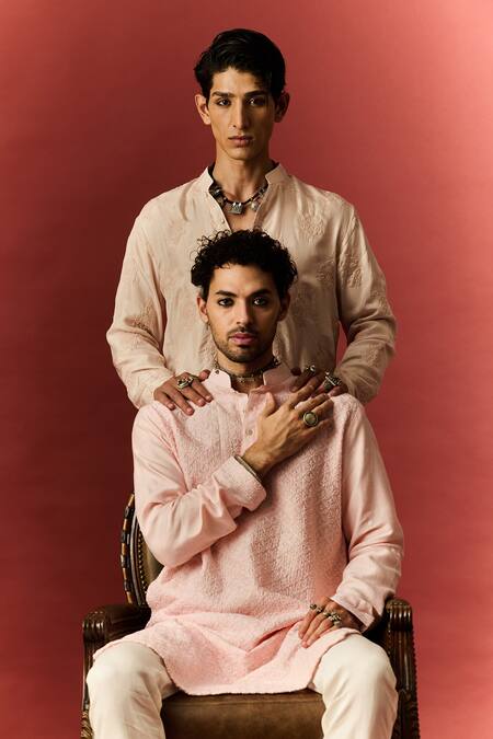 Shop Nafs Pink Chanderi, Cotton Embroidery Lucknowi Chikankari Hand Kurta With Pant Online at Aza Fashions Shop_Nafs_Pink Chanderi, Cotton Embroidery Lucknowi Chikankari Hand Kurta With Pant _Online_at_Aza_Fashions