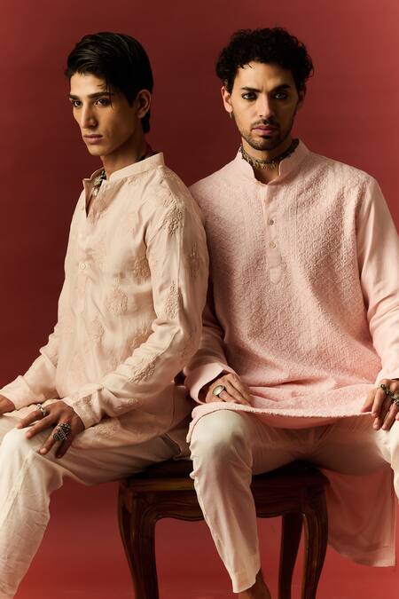 Nafs Pink Chanderi, Cotton Embroidery Lucknowi Chikankari Hand Kurta With Pant at Aza Fashions Nafs_Pink Chanderi, Cotton Embroidery Lucknowi Chikankari Hand Kurta With Pant _at_Aza_Fashions