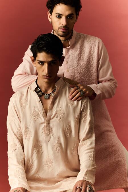 Buy Nafs Pink Chanderi, Cotton Embroidery Lucknowi Chikankari Hand Kurta With Pant Buy_Nafs_Pink Chanderi, Cotton Embroidery Lucknowi Chikankari Hand Kurta With Pant