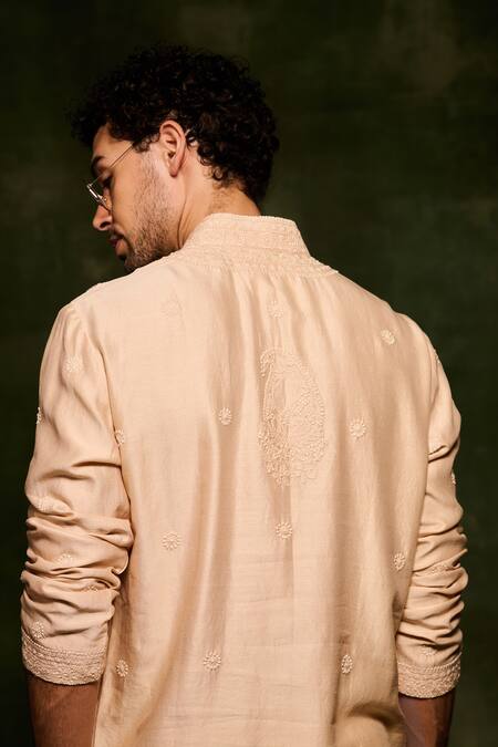 Shop Nafs Brown Chanderi, Cotton Embroidery Hand Lucknowi Chikankari Kurta With Pant Online at Aza Fashions Shop_Nafs_Brown Chanderi, Cotton Embroidery Hand Lucknowi Chikankari Kurta With Pant _Online_at_Aza_Fashions