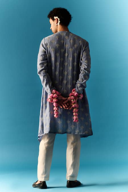 Shop Nafs Blue Chanderi, Cotton Embroidery, Zari Hand Angarkha With Pant at Aza Fashions Shop_Nafs_Blue Chanderi, Cotton Embroidery, Zari Hand Angarkha With Pant _at_Aza_Fashions