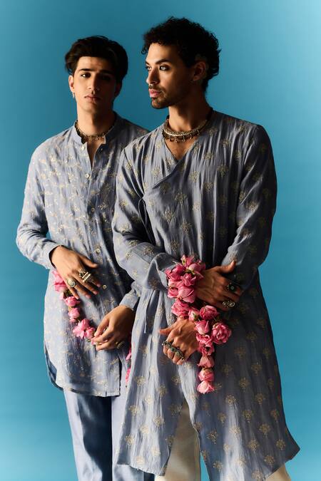 Nafs Blue Chanderi, Cotton Embroidery, Zari Hand Angarkha With Pant Online at Aza Fashions Nafs_Blue Chanderi, Cotton Embroidery, Zari Hand Angarkha With Pant _Online_at_Aza_Fashions