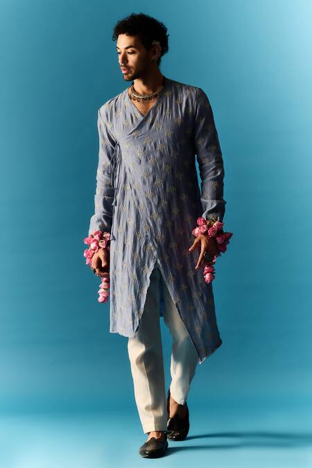 Shop Nafs Blue Chanderi, Cotton Embroidery, Zari Hand Angarkha With Pant Online at Aza Fashions Shop_Nafs_Blue Chanderi, Cotton Embroidery, Zari Hand Angarkha With Pant _Online_at_Aza_Fashions