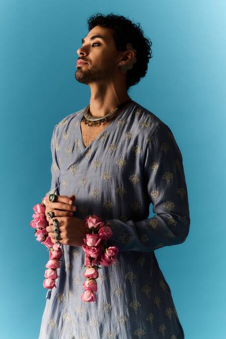 Buy Nafs Blue Chanderi, Cotton Embroidery, Zari Hand Angarkha With Pant Buy_Nafs_Blue Chanderi, Cotton Embroidery, Zari Hand Angarkha With Pant