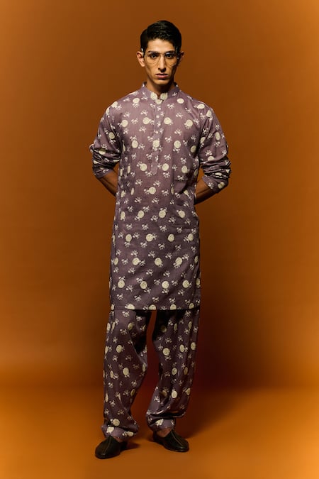 NAFS Purple Cotton Mulmul Printed Abstract Kurta And Pant Set 