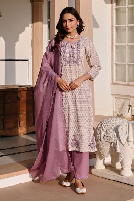 KARAJ JAIPUR Purple Kurta And Pant Cotton Print Butti Notched Round Set 