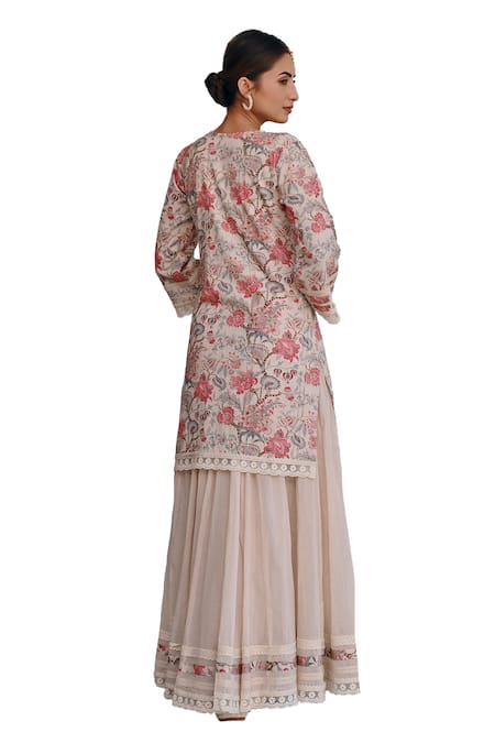 Karaj Jaipur Multi Color Kota Doria, Muslin Floral Blossom Print Kurta Lehenga Set Online at Aza Fashions Karaj Jaipur_Multi Color Kota Doria, Muslin Floral Blossom Print Kurta Lehenga Set _Online_at_Aza_Fashions