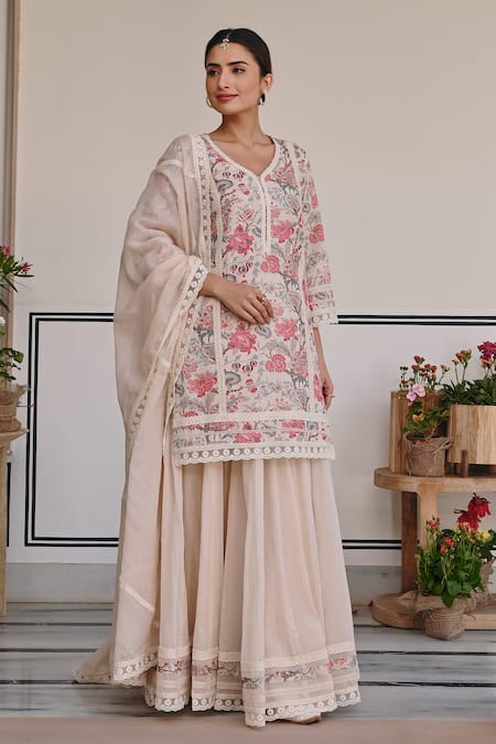Buy Karaj Jaipur Multi Color Kota Doria, Muslin Floral Blossom Print Kurta Lehenga Set Online at Aza Fashions Buy_Karaj Jaipur_Multi Color Kota Doria, Muslin Floral Blossom Print Kurta Lehenga Set _Online_at_Aza_Fashions