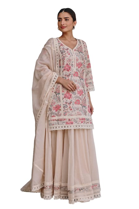 Karaj Jaipur Multi Color Kota Doria, Muslin Floral Blossom Print Kurta Lehenga Set at Aza Fashions Karaj Jaipur_Multi Color Kota Doria, Muslin Floral Blossom Print Kurta Lehenga Set _at_Aza_Fashions