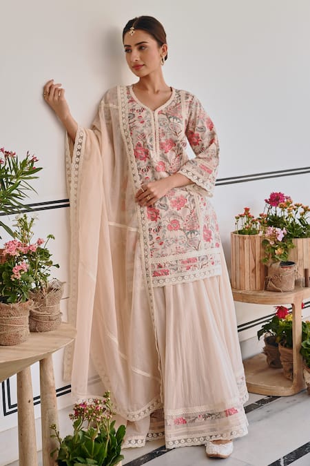Shop Karaj Jaipur Multi Color Kota Doria, Muslin Floral Blossom Print Kurta Lehenga Set Shop_Karaj Jaipur_Multi Color Kota Doria, Muslin Floral Blossom Print Kurta Lehenga Set