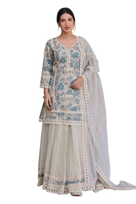 Buy_Karaj Jaipur_Blue Muslin, Kota Doria Straight Floral Blossom Print Kurta Lehenga Set _Online_at_Aza_Fashions