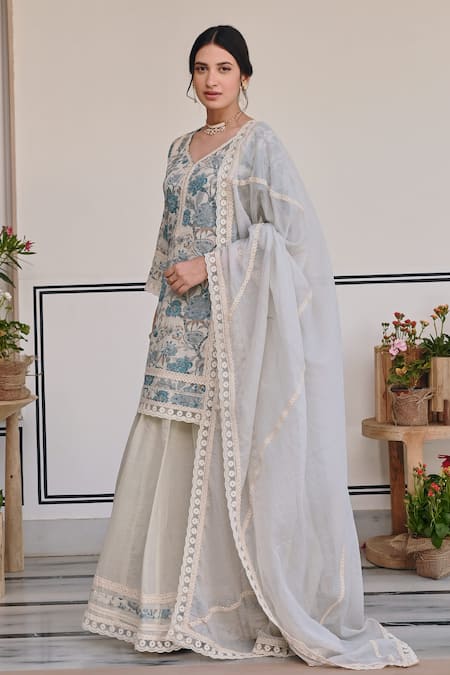 Shop_Karaj Jaipur_Blue Muslin, Kota Doria Straight Floral Blossom Print Kurta Lehenga Set _Online_at_Aza_Fashions