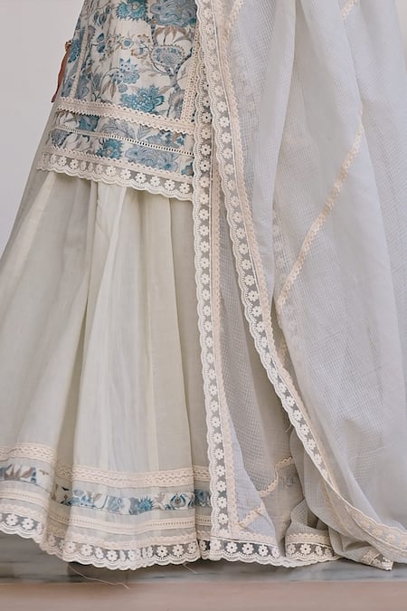 Buy_Karaj Jaipur_Blue Muslin, Kota Doria Straight Floral Blossom Print Kurta Lehenga Set 