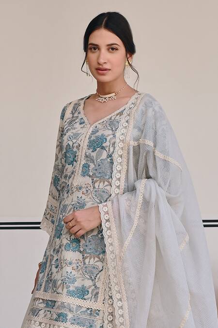 Shop_Karaj Jaipur_Blue Muslin, Kota Doria Straight Floral Blossom Print Kurta Lehenga Set 