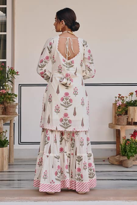 Shop Karaj Jaipur Pink Cotton, Kota Doria Embroidery Floral Bud Print Kurta Sharara Set at Aza Fashions Shop_Karaj Jaipur_Pink Cotton, Kota Doria Embroidery Floral Bud Print Kurta Sharara Set _at_Aza_Fashions