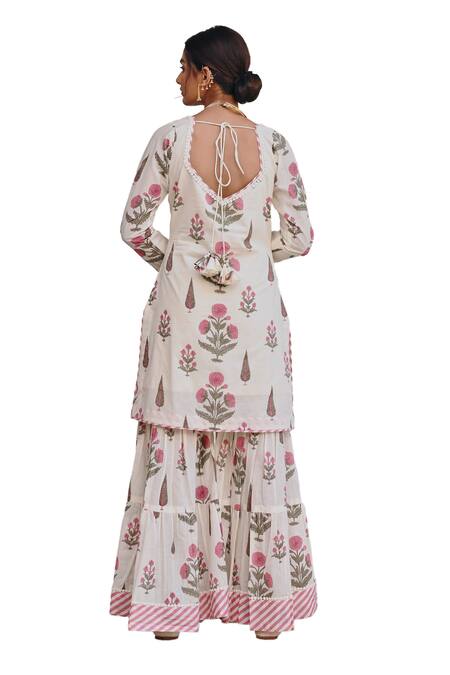 Karaj Jaipur Pink Cotton, Kota Doria Embroidery Floral Bud Print Kurta Sharara Set Online at Aza Fashions Karaj Jaipur_Pink Cotton, Kota Doria Embroidery Floral Bud Print Kurta Sharara Set _Online_at_Aza_Fashions