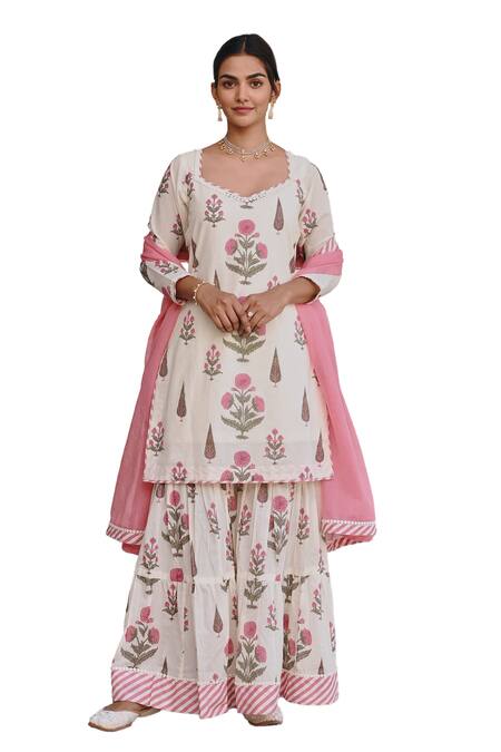 Buy Karaj Jaipur Pink Cotton, Kota Doria Embroidery Floral Bud Print Kurta Sharara Set Online at Aza Fashions Buy_Karaj Jaipur_Pink Cotton, Kota Doria Embroidery Floral Bud Print Kurta Sharara Set _Online_at_Aza_Fashions