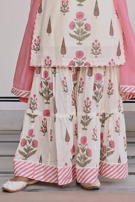 Shop Karaj Jaipur Pink Cotton, Kota Doria Embroidery Floral Bud Print Kurta Sharara Set Online at Aza Fashions Shop_Karaj Jaipur_Pink Cotton, Kota Doria Embroidery Floral Bud Print Kurta Sharara Set _Online_at_Aza_Fashions