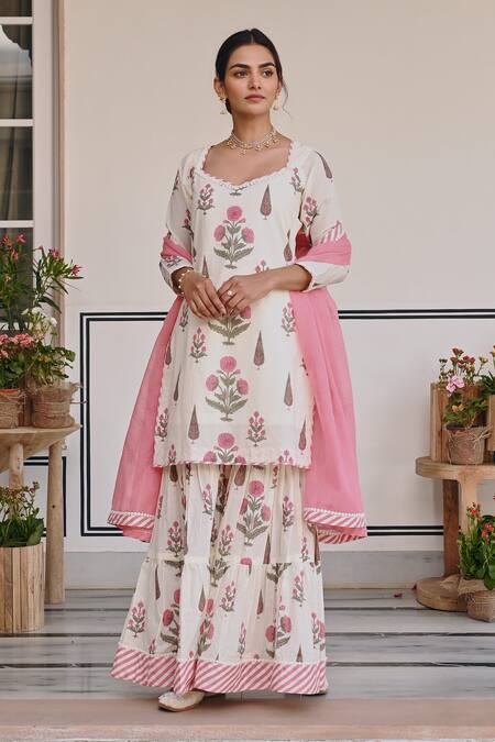 Karaj Jaipur Pink Cotton, Kota Doria Embroidery Floral Bud Print Kurta Sharara Set at Aza Fashions Karaj Jaipur_Pink Cotton, Kota Doria Embroidery Floral Bud Print Kurta Sharara Set _at_Aza_Fashions