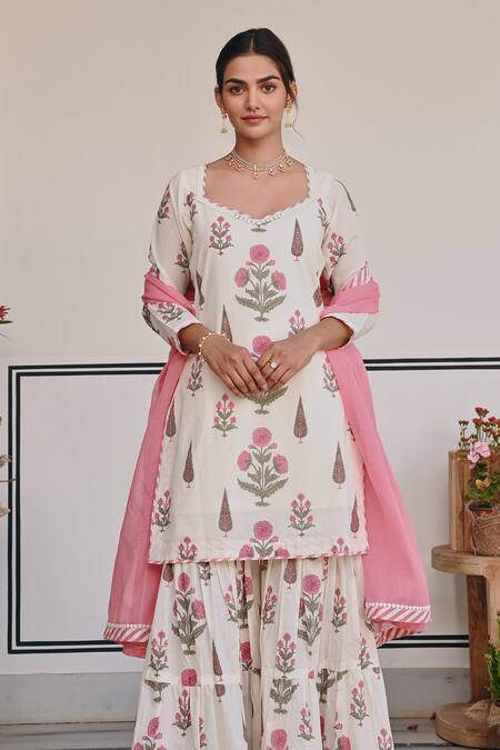 Buy Karaj Jaipur Pink Cotton, Kota Doria Embroidery Floral Bud Print Kurta Sharara Set Buy_Karaj Jaipur_Pink Cotton, Kota Doria Embroidery Floral Bud Print Kurta Sharara Set